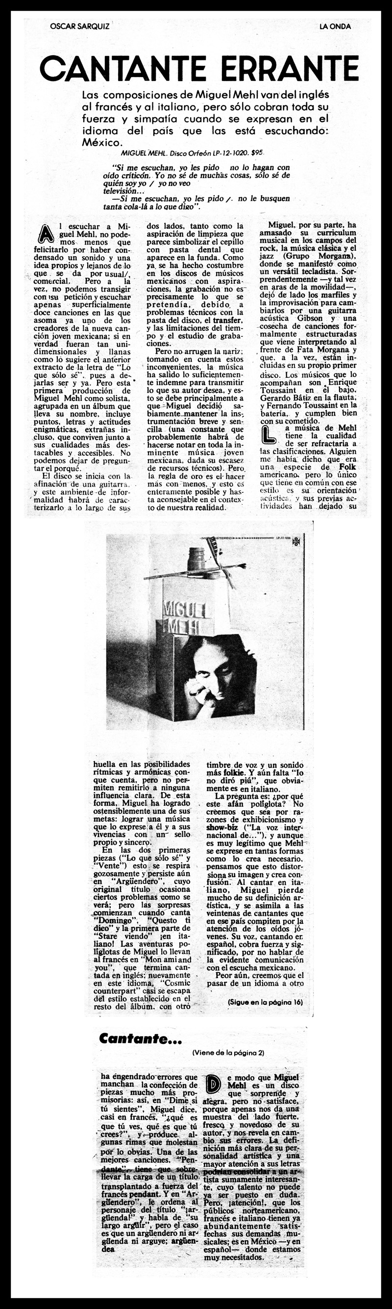 1976_La-Onda_Michael-Mehl_Orfeon-Record_Review-By-Oscar-Sarquiz